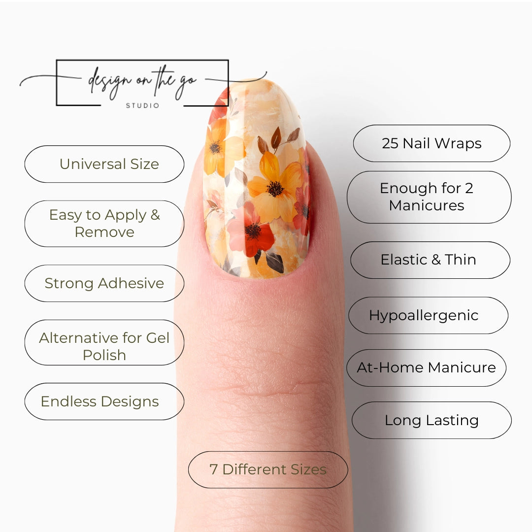 #type_manicure list of features of a nail wrap product showing on manicured single finger with nail wraps applied