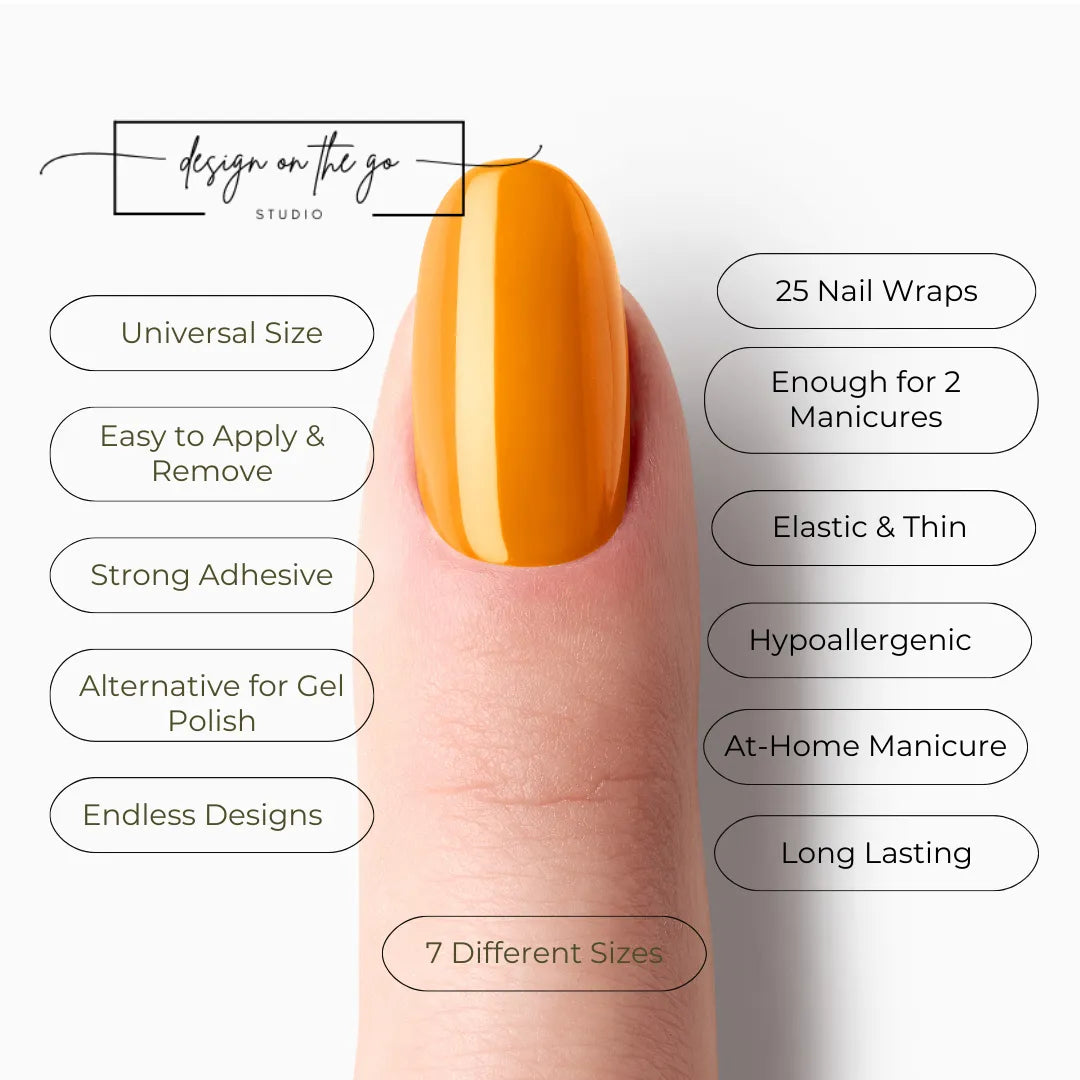 #type_manicure list of features of a nail wrap product showing on manicured single finger with nail wraps applied