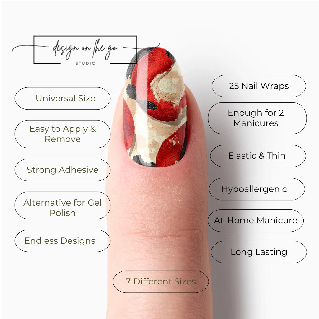 #type_manicure list of features of a nail wrap product showing on manicured single finger with nail wraps applied