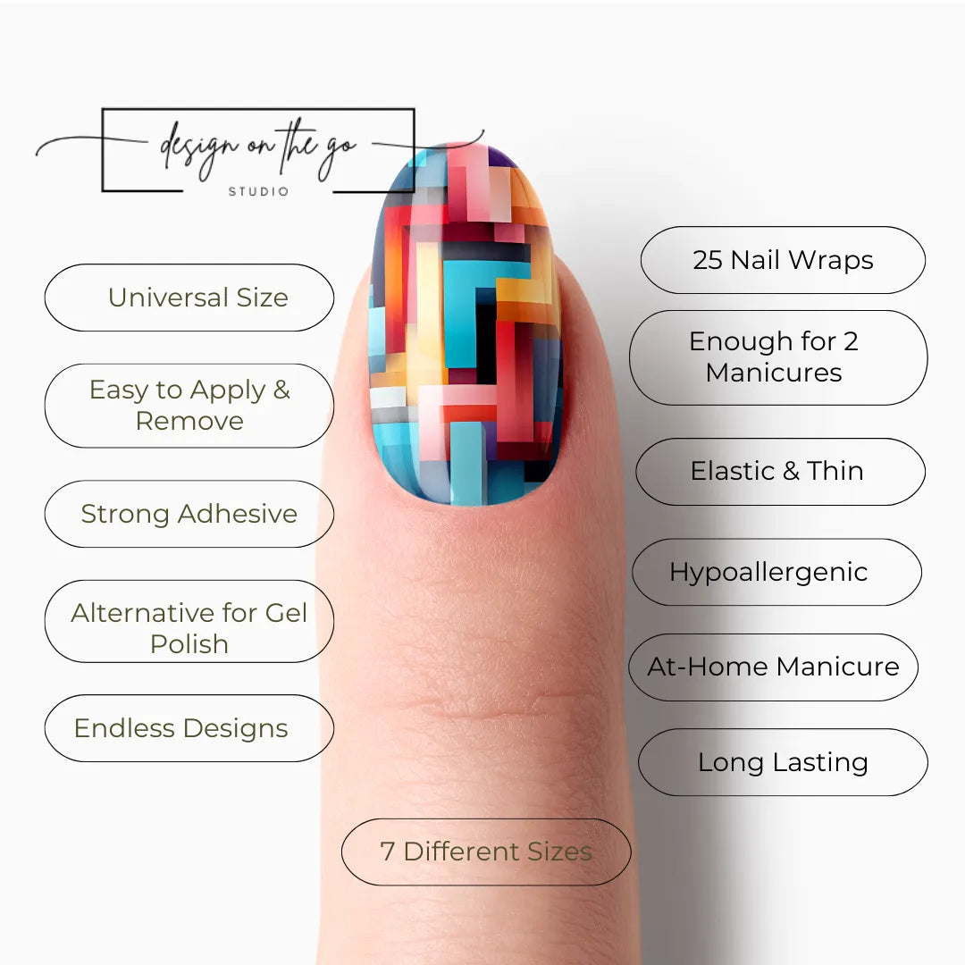 #type_manicure list of features of a nail wrap product showing on manicured single finger with nail wraps applied
