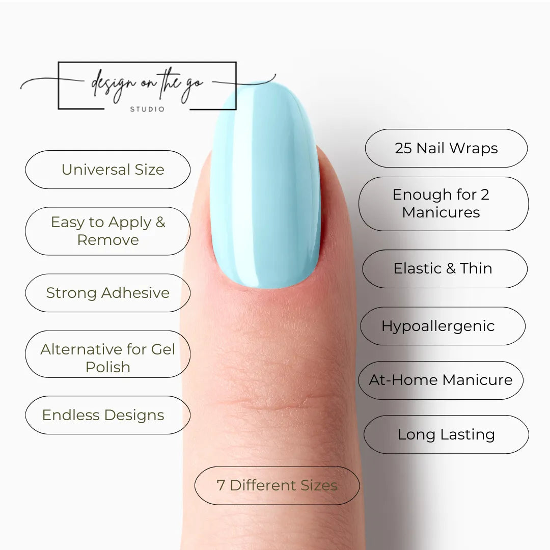 #type_manicure list of features of a nail wrap product showing on manicured single finger with nail wraps applied