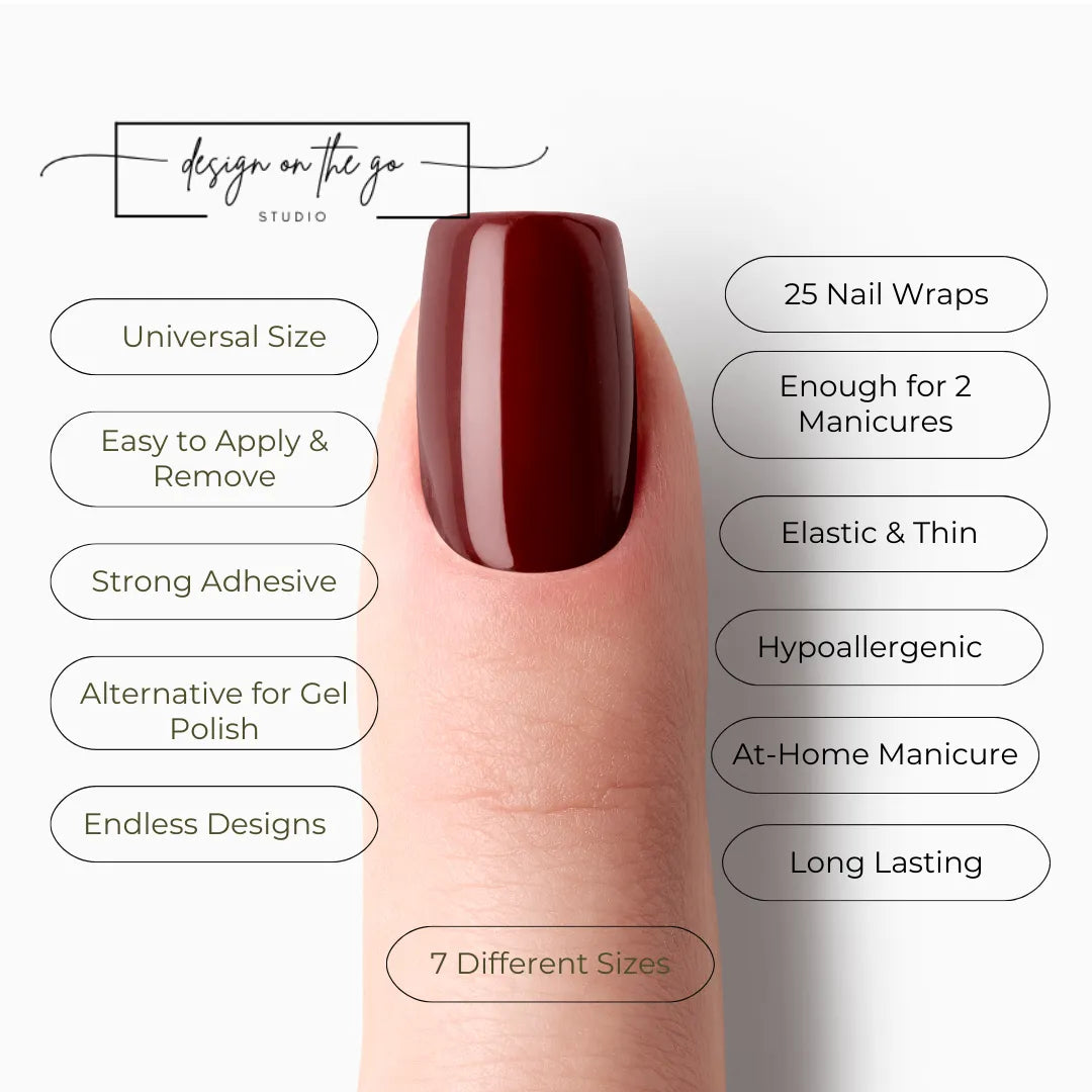 #type_manicure list of features of a nail wrap product showing on manicured single finger with nail wraps applied