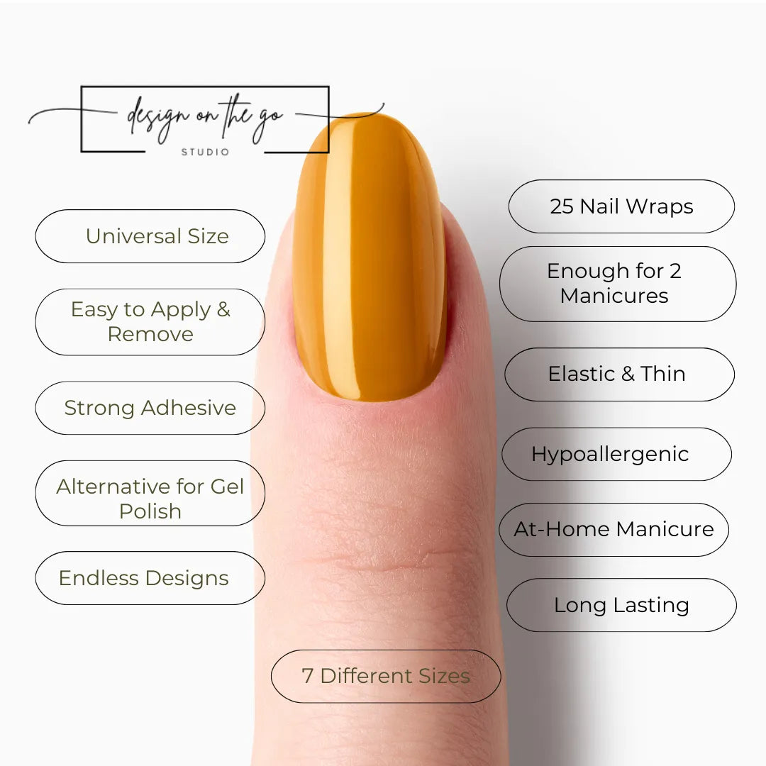 #type_manicure list of features of a nail wrap product showing on manicured single finger with nail wraps applied