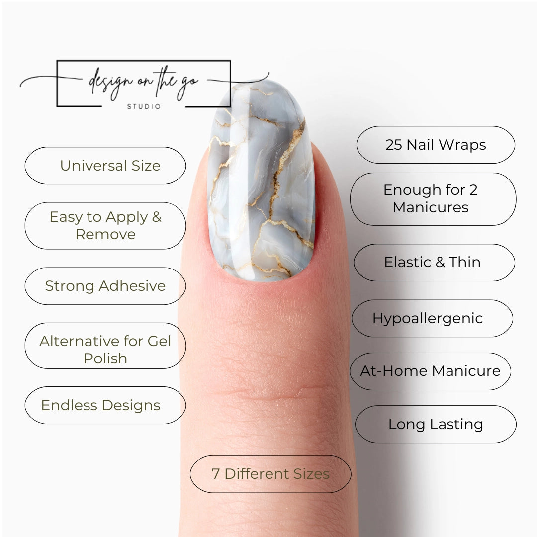 #type_manicure list of features of a nail wrap product showing on manicured single finger with nail wraps applied