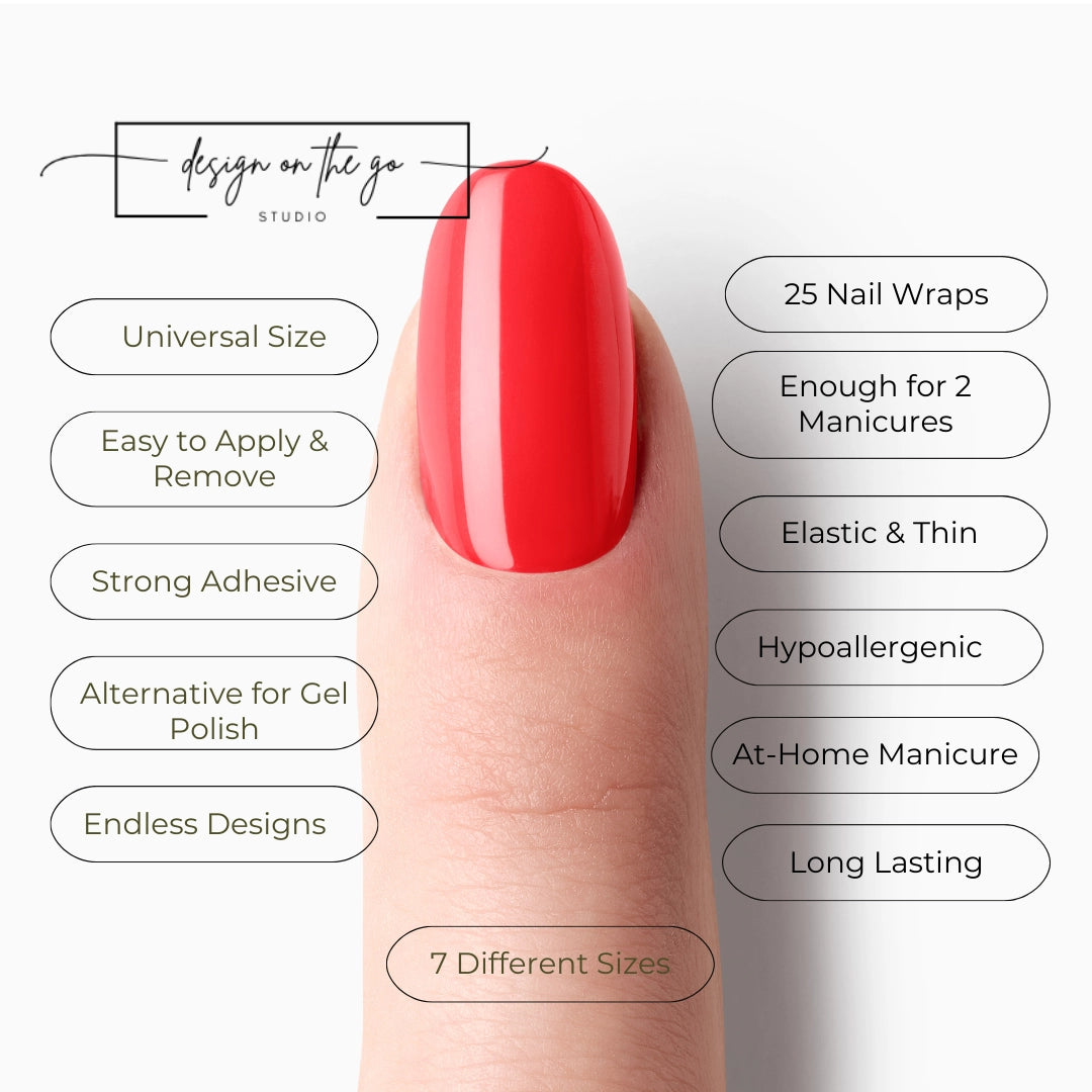 #type_manicure list of features of a nail wrap product showing on manicured single finger with nail wraps applied