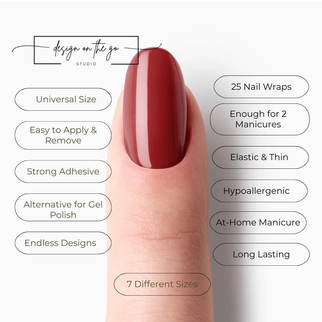 #type_manicure list of features of a nail wrap product showing on manicured single finger with nail wraps applied