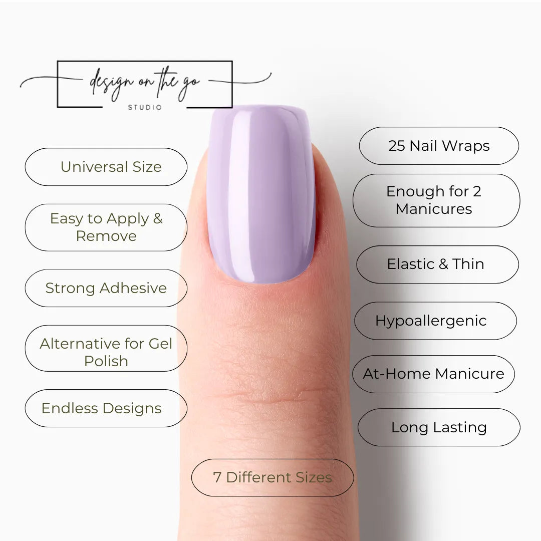 #type_manicure list of features of a nail wrap product showing on manicured single finger with nail wraps applied