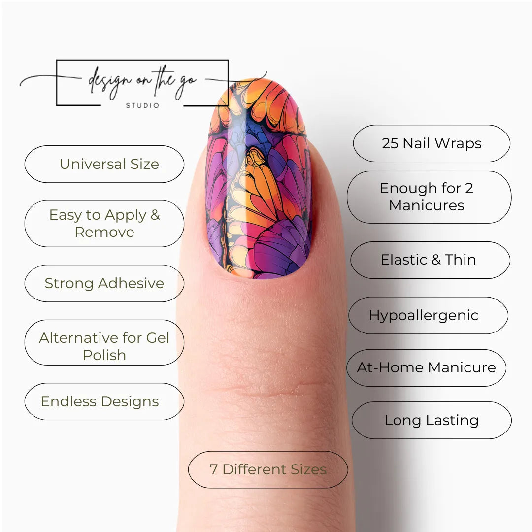 #type_manicure list of features of a nail wrap product showing on manicured single finger with nail wraps applied