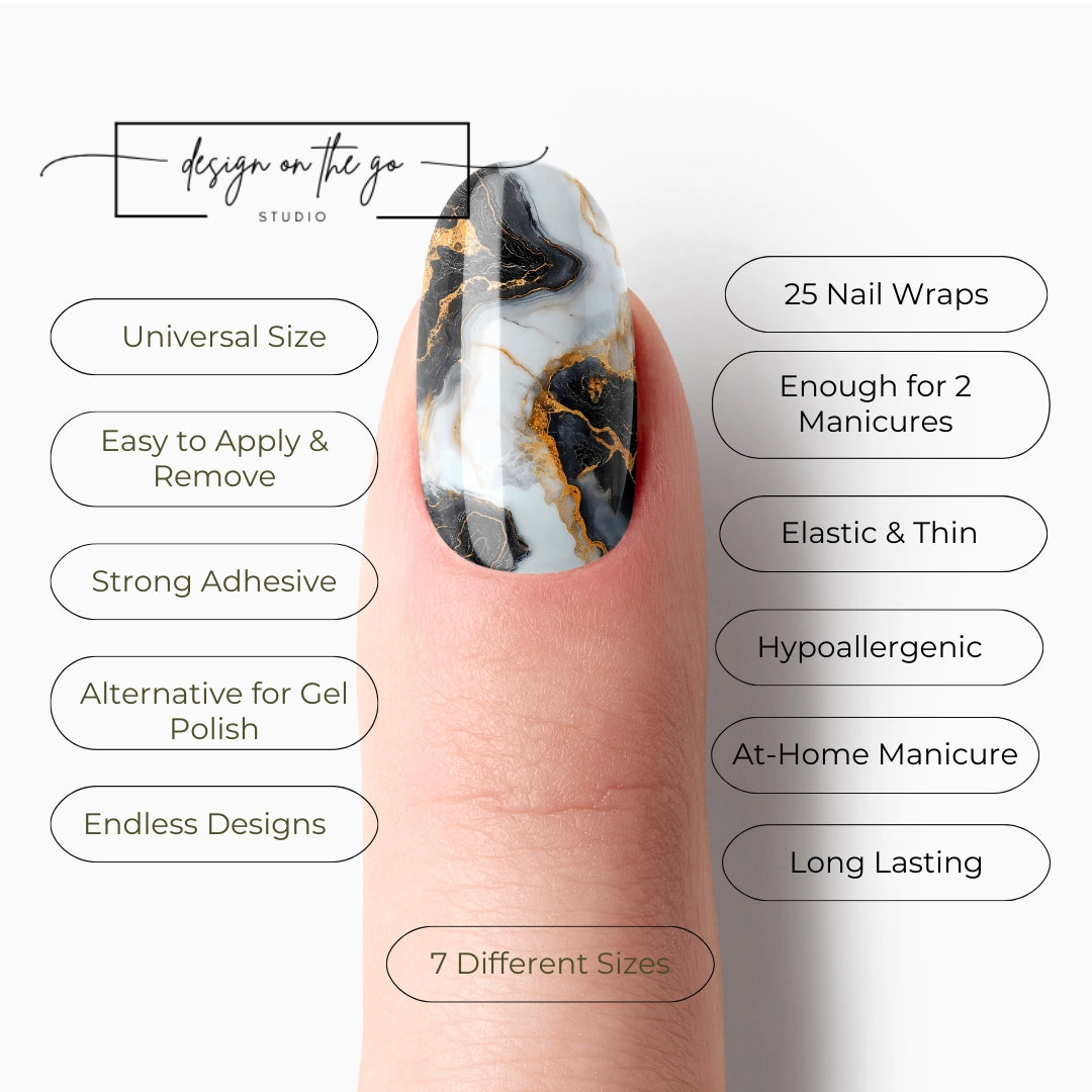 #type_manicure list of features of a nail wrap product showing on manicured single finger with nail wraps applied
