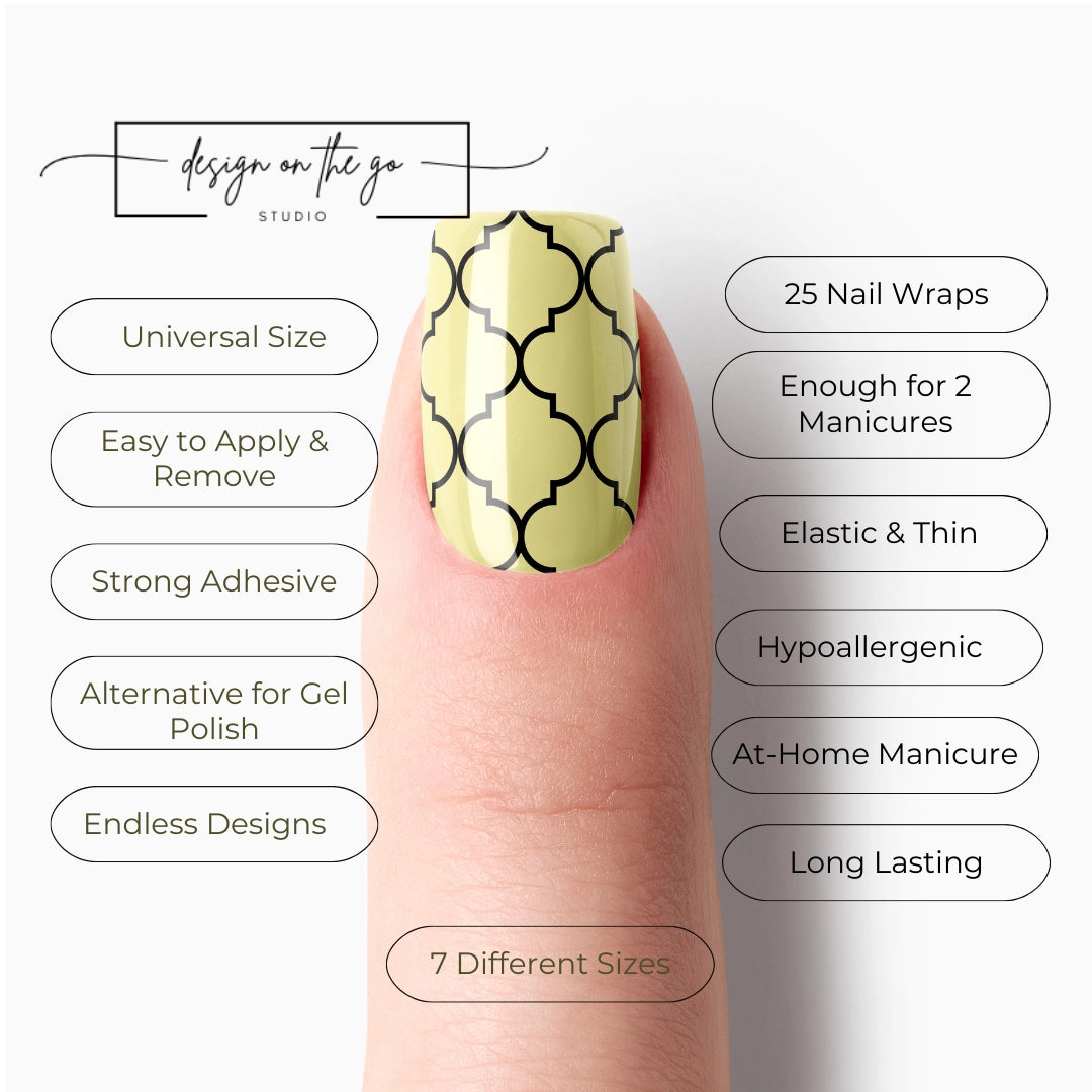 #type_manicure list of features of a nail wrap product showing on manicured single finger with nail wraps applied