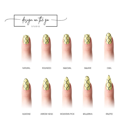 #type_manicure different shapes of manicured nails with nail wraps applied