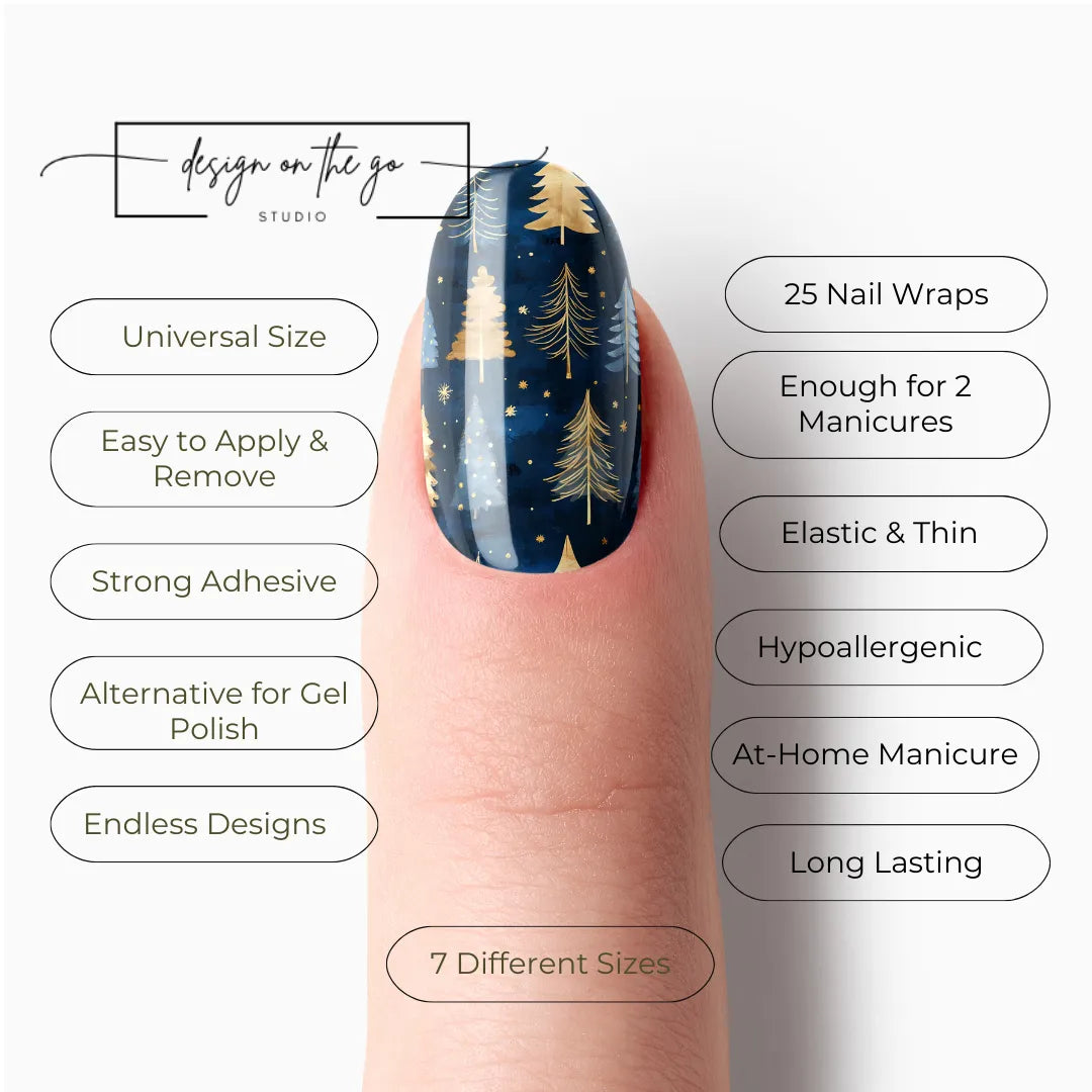 #type_manicure list of features of a nail wrap product showing on manicured single finger with nail wraps applied