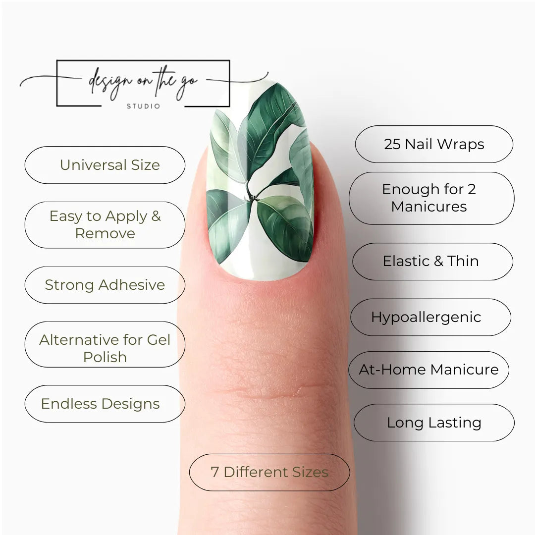 #type_manicure list of features of a nail wrap product showing on manicured single finger with nail wraps applied