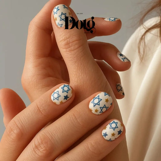Nail art with star designs on a neutral background