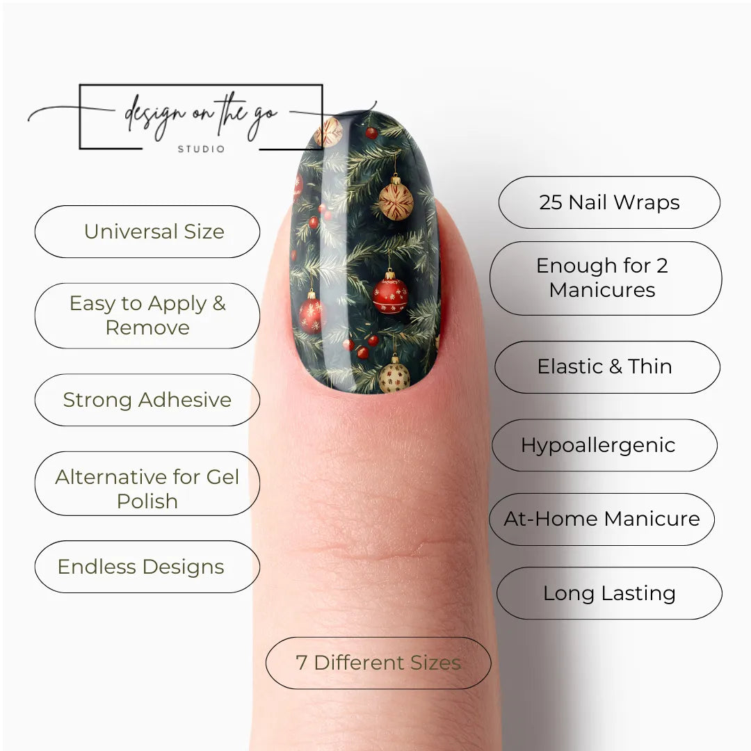 #type_manicure list of features of a nail wrap product showing on manicured single finger with nail wraps applied