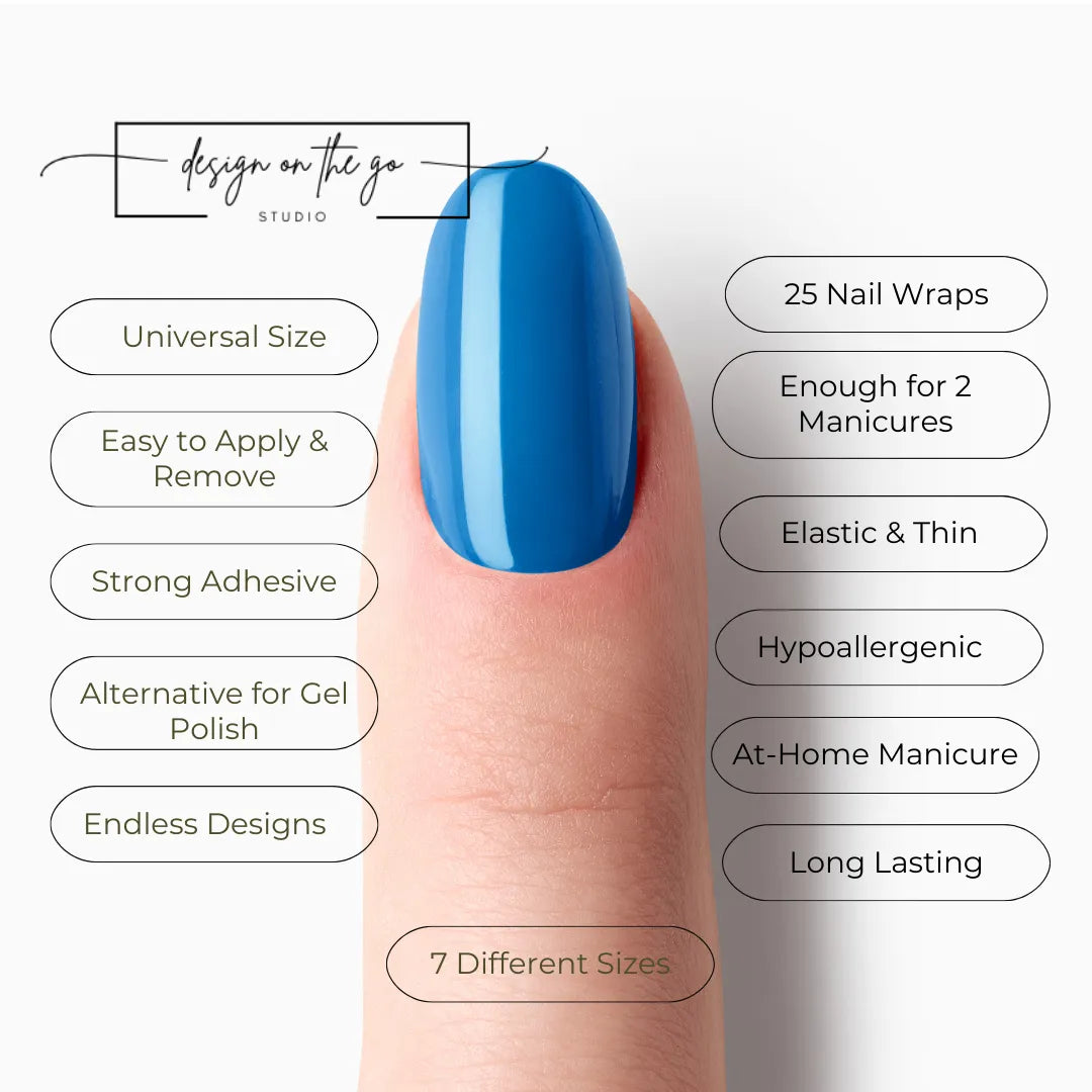#type_manicure list of features of a nail wrap product showing on manicured single finger with nail wraps applied