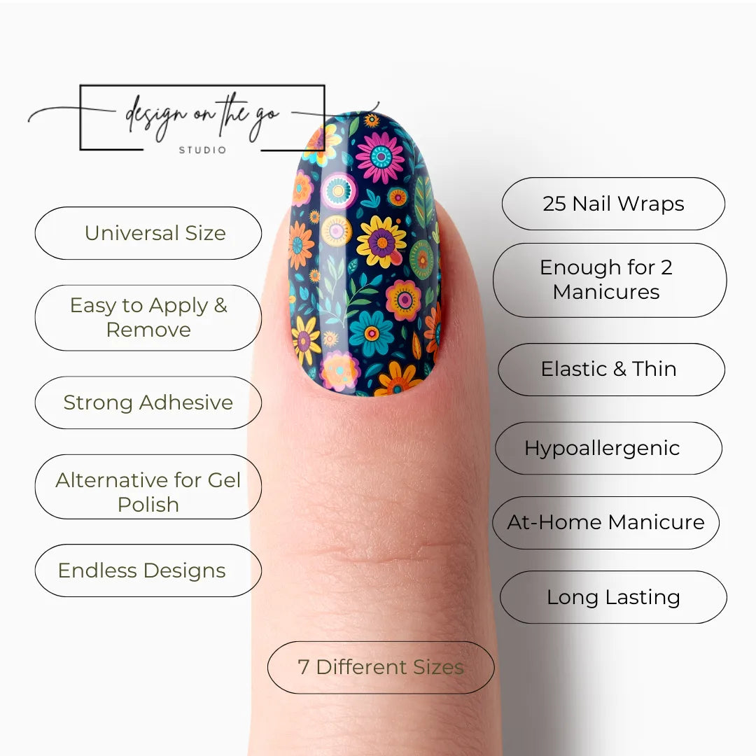 #type_manicure list of features of a nail wrap product showing on manicured single finger with nail wraps applied