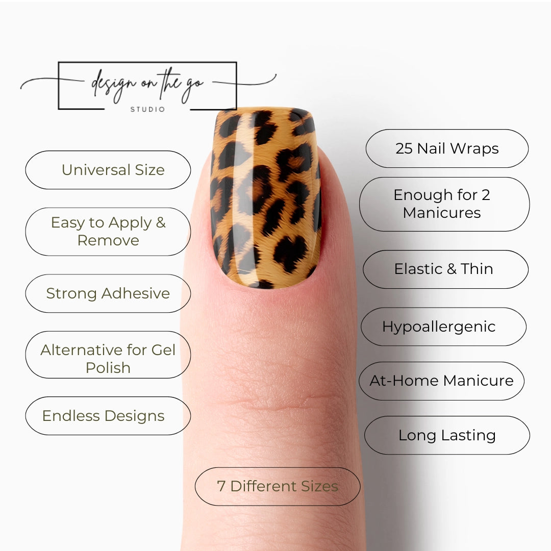 #type_manicure list of features of a nail wrap product showing on manicured single finger with nail wraps applied