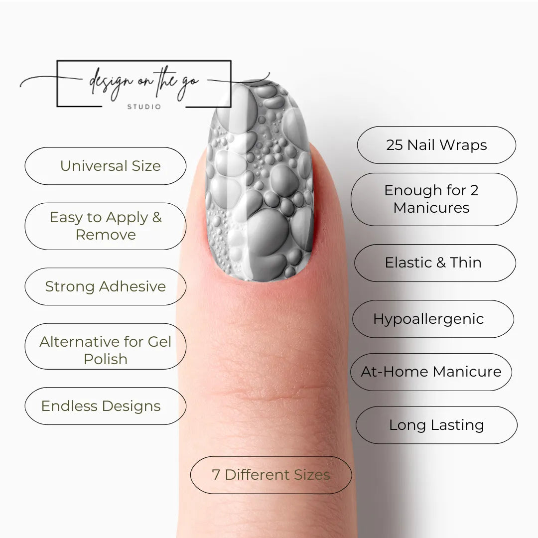 #type_manicure list of features of a nail wrap product showing on manicured single finger with nail wraps applied