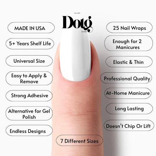 Nail wrap product with features listed on a white background