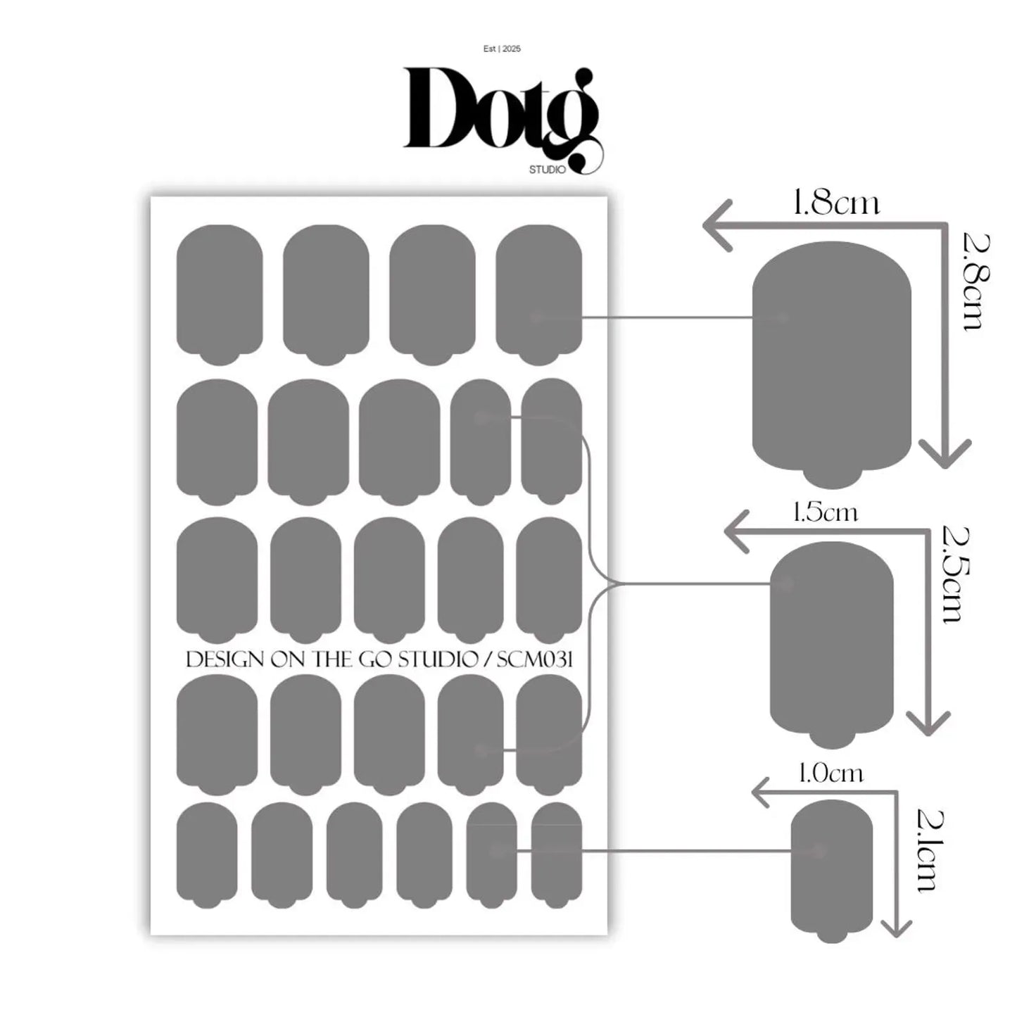 Sheet of gray labels with dimensions and 'Dodo Studio' branding