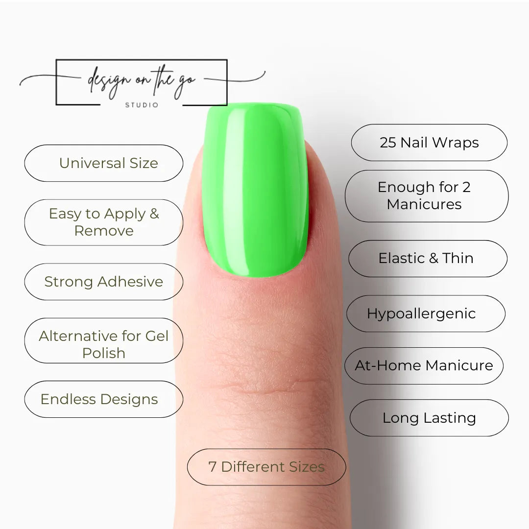 #type_manicure list of features of a nail wrap product showing on manicured single finger with nail wraps applied