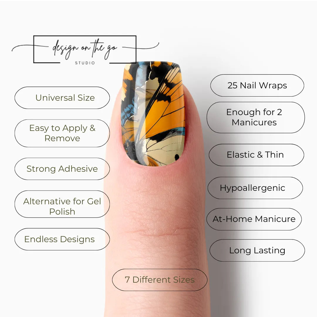 #type_manicure list of features of a nail wrap product showing on manicured single finger with nail wraps applied