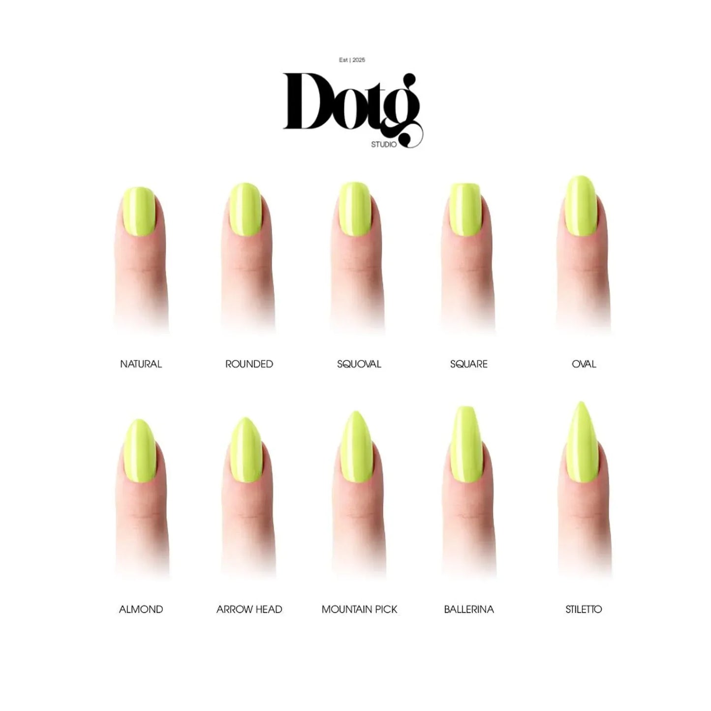Nail shape comparison chart with 'Dotg Studio' branding on a white background