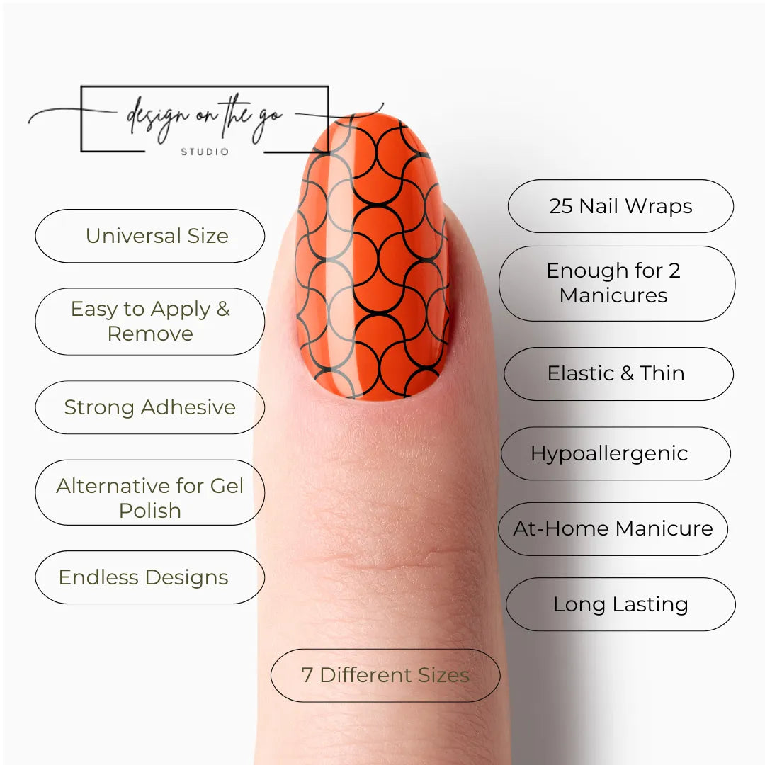 #type_manicure list of features of a nail wrap product showing on manicured single finger with nail wraps applied