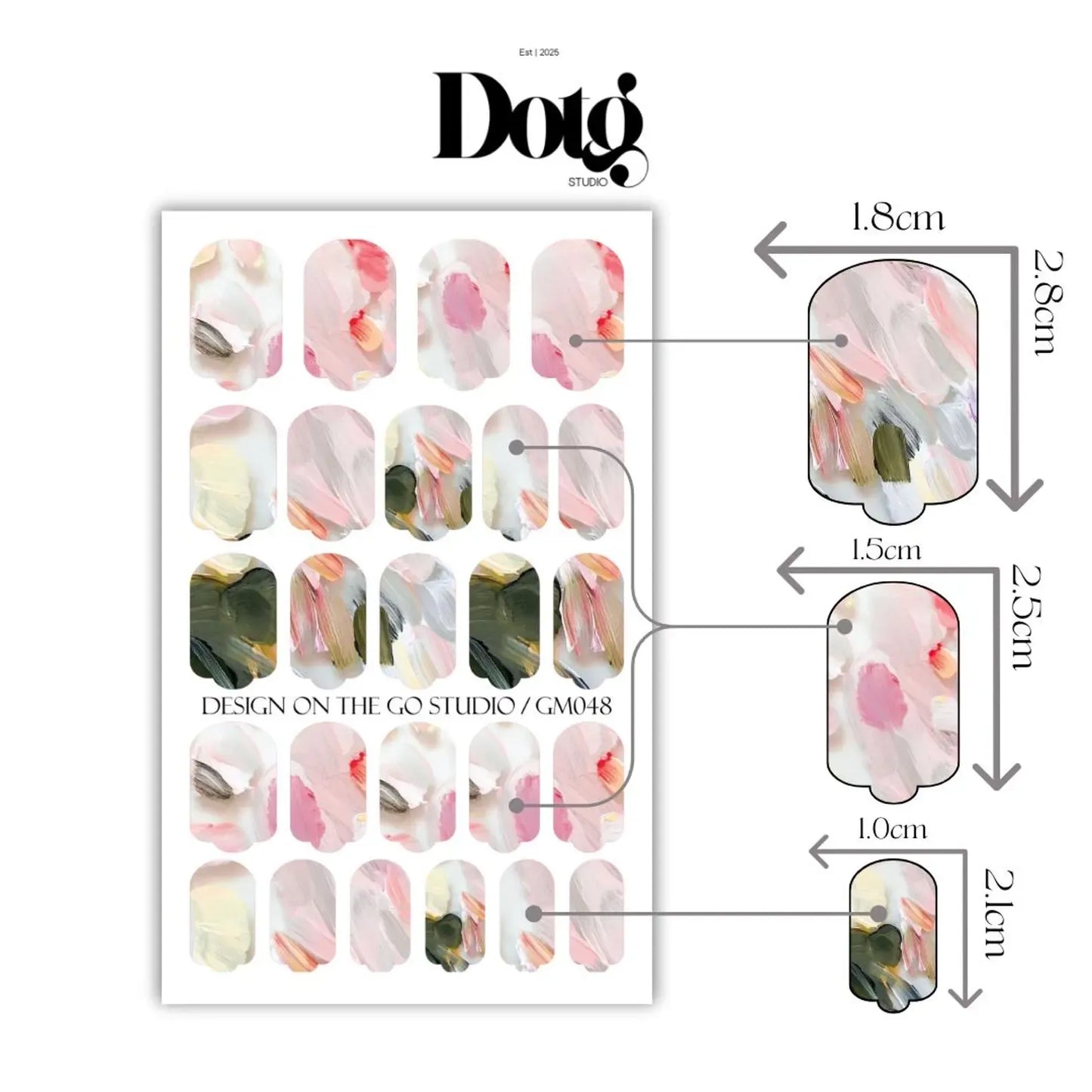 Nail art design sheet with measurements and Dotg branding
