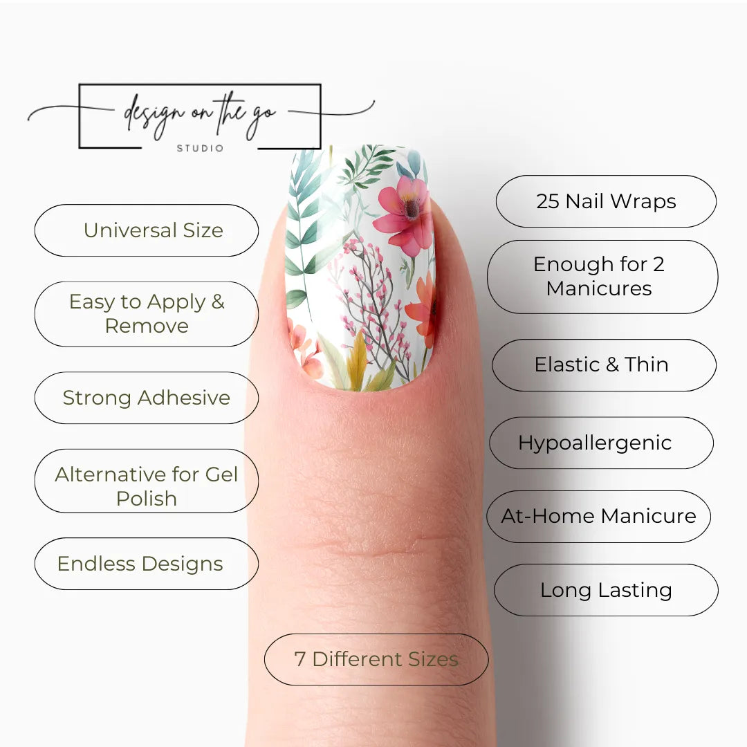 #type_manicure list of features of a nail wrap product showing on manicured single finger with nail wraps applied