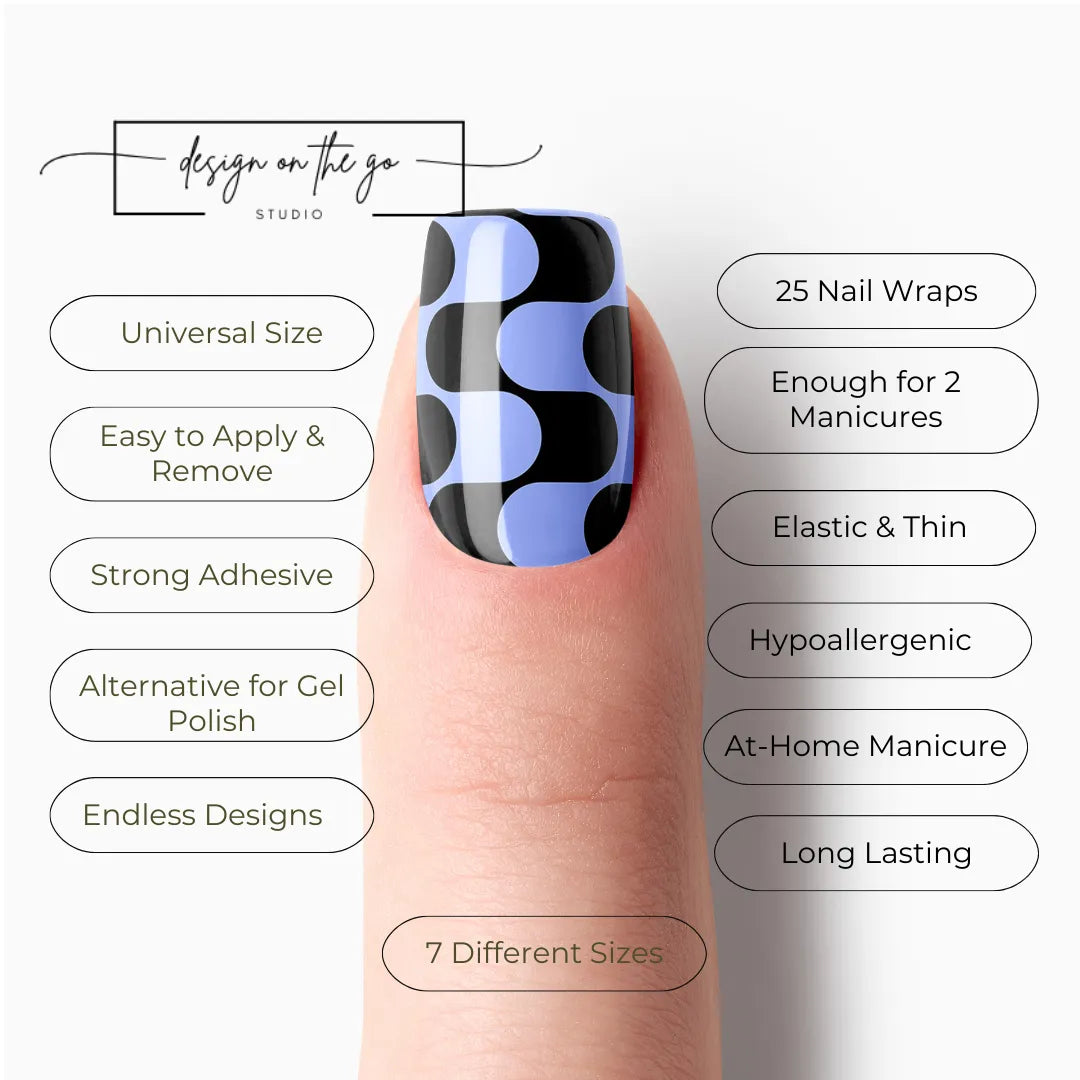 #type_manicure list of features of a nail wrap product showing on manicured single finger with nail wraps applied