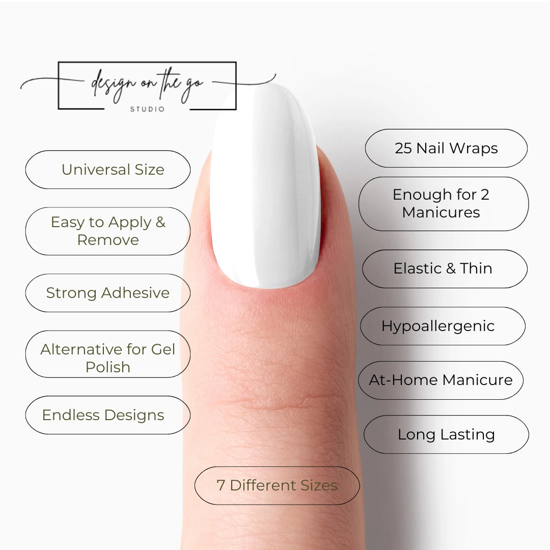 #type_manicure list of features of a nail wrap product showing on manicured single finger with nail wraps applied