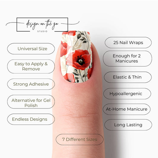 #type_manicure list of features of a nail wrap product showing on manicured single finger with nail wraps applied