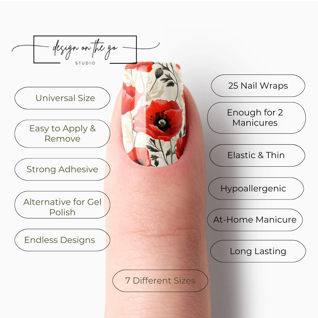 #type_manicure list of features of a nail wrap product showing on manicured single finger with nail wraps applied