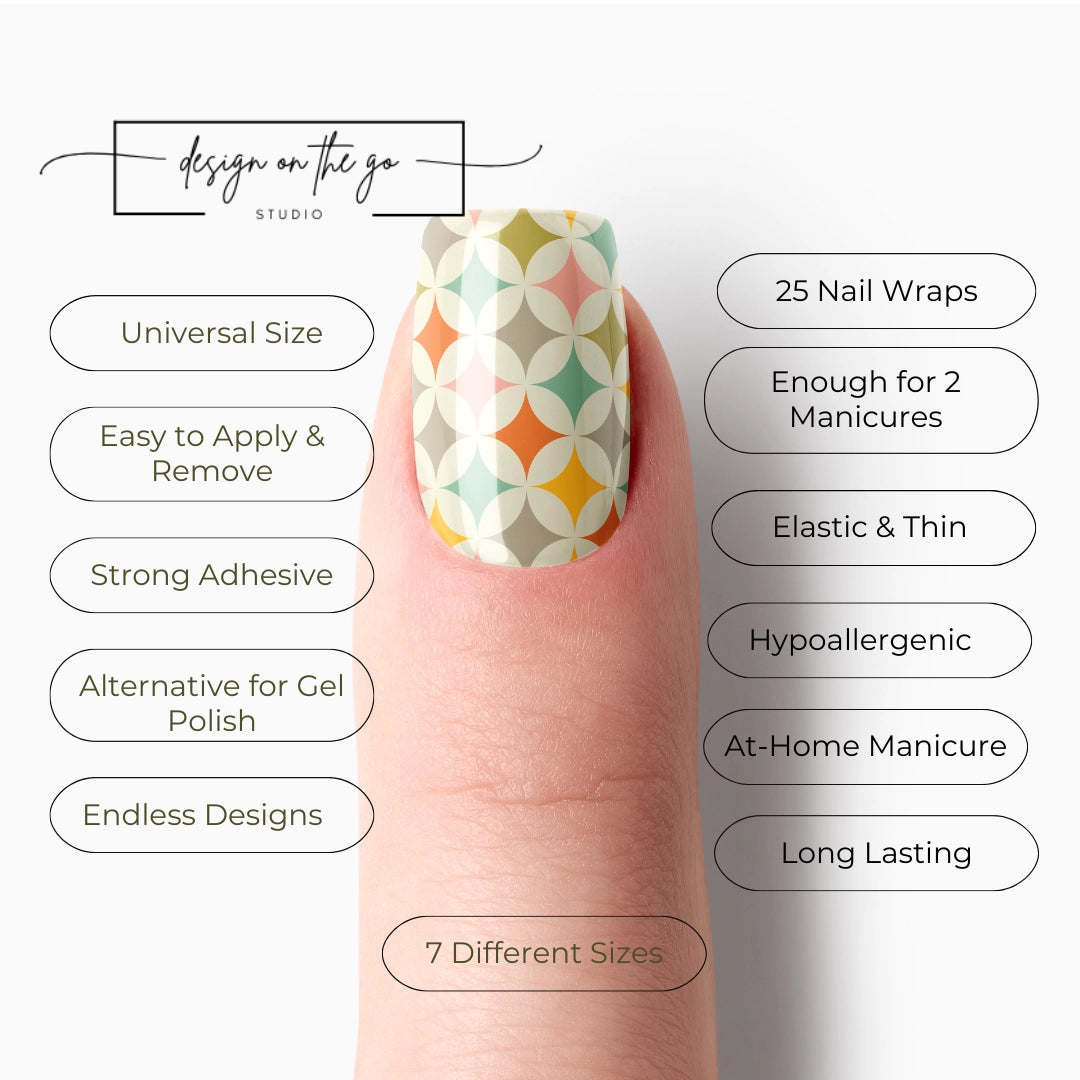 #type_manicure list of features of a nail wrap product showing on manicured single finger with nail wraps applied