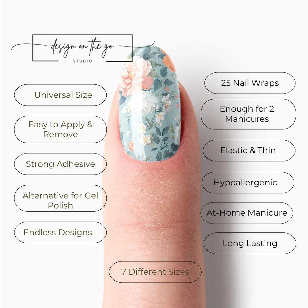 #type_manicure list of features of a nail wrap product showing on manicured single finger with nail wraps applied