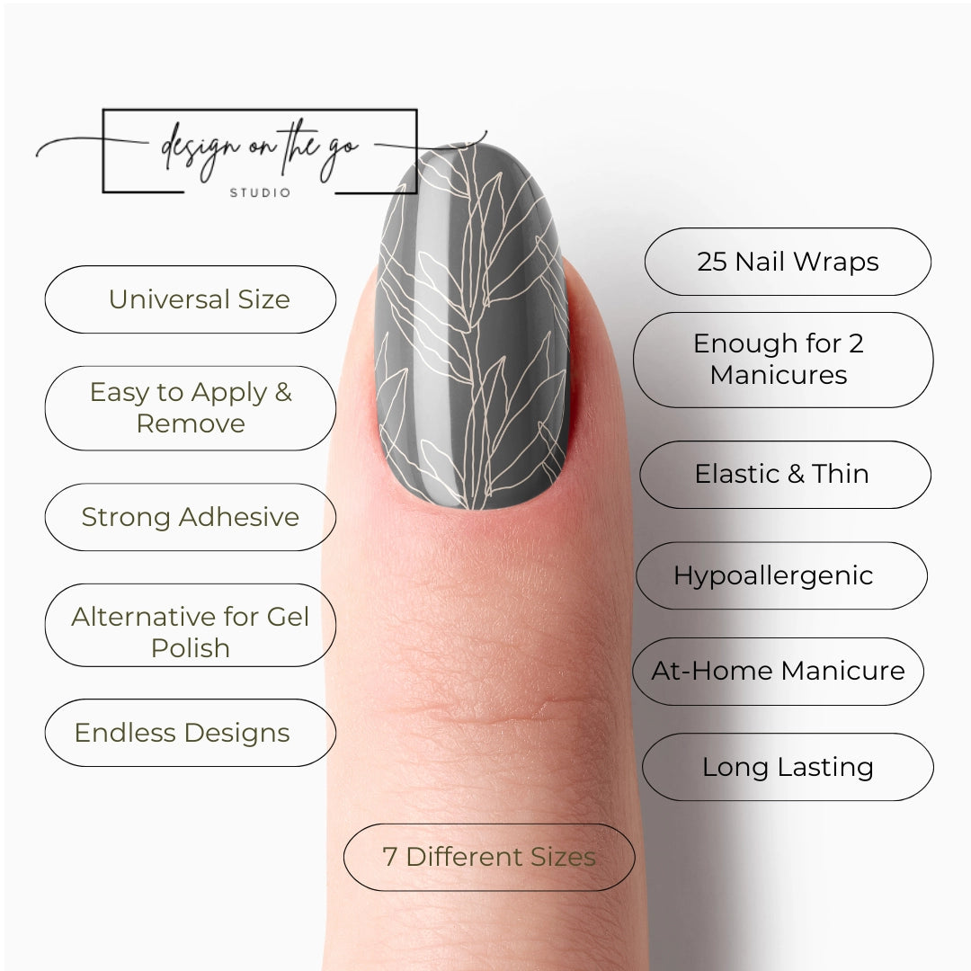 #type_manicure list of features of a nail wrap product showing on manicured single finger with nail wraps applied
