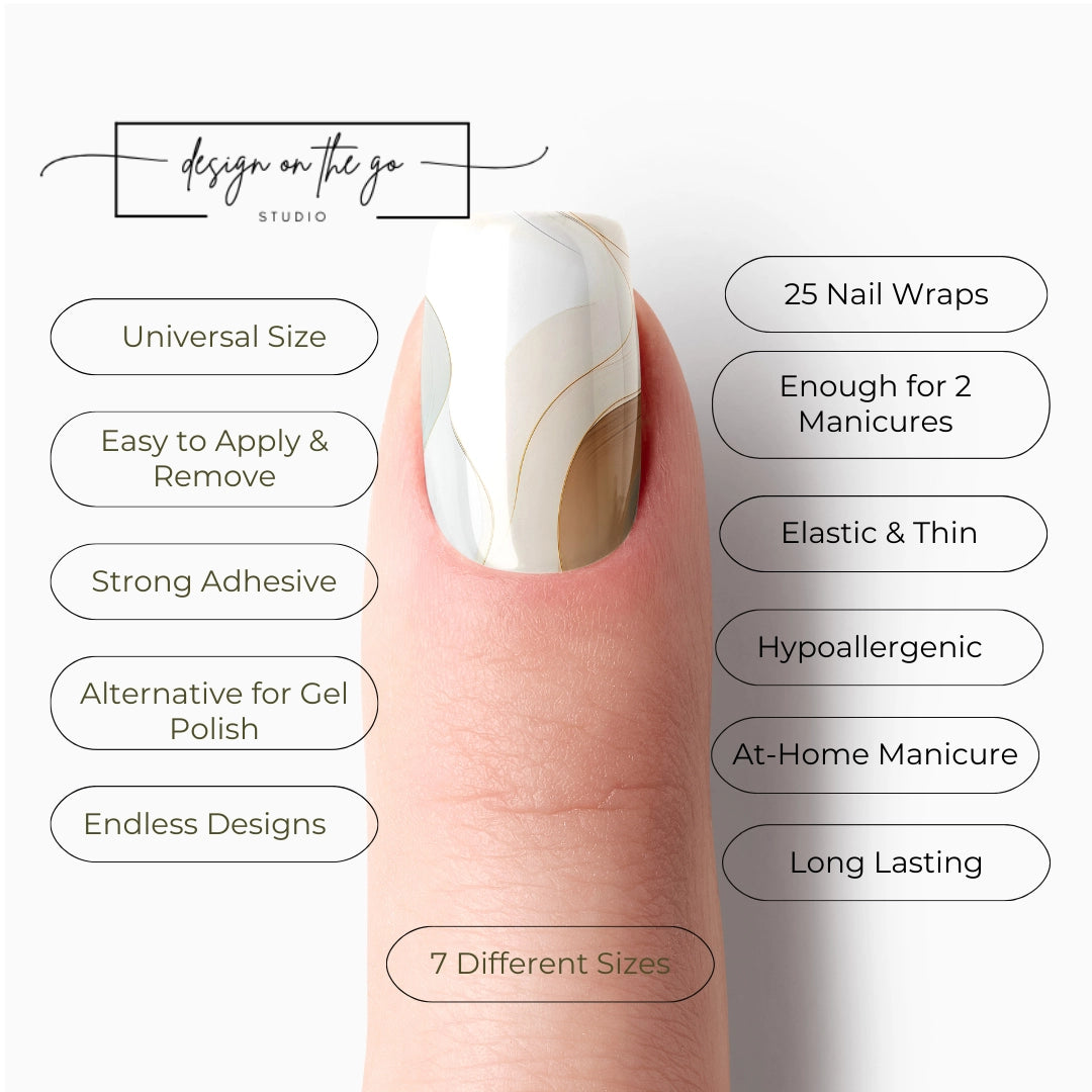 #type_manicure list of features of a nail wrap product showing on manicured single finger with nail wraps applied
