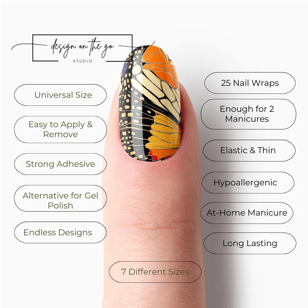 #type_manicure list of features of a nail wrap product showing on manicured single finger with nail wraps applied