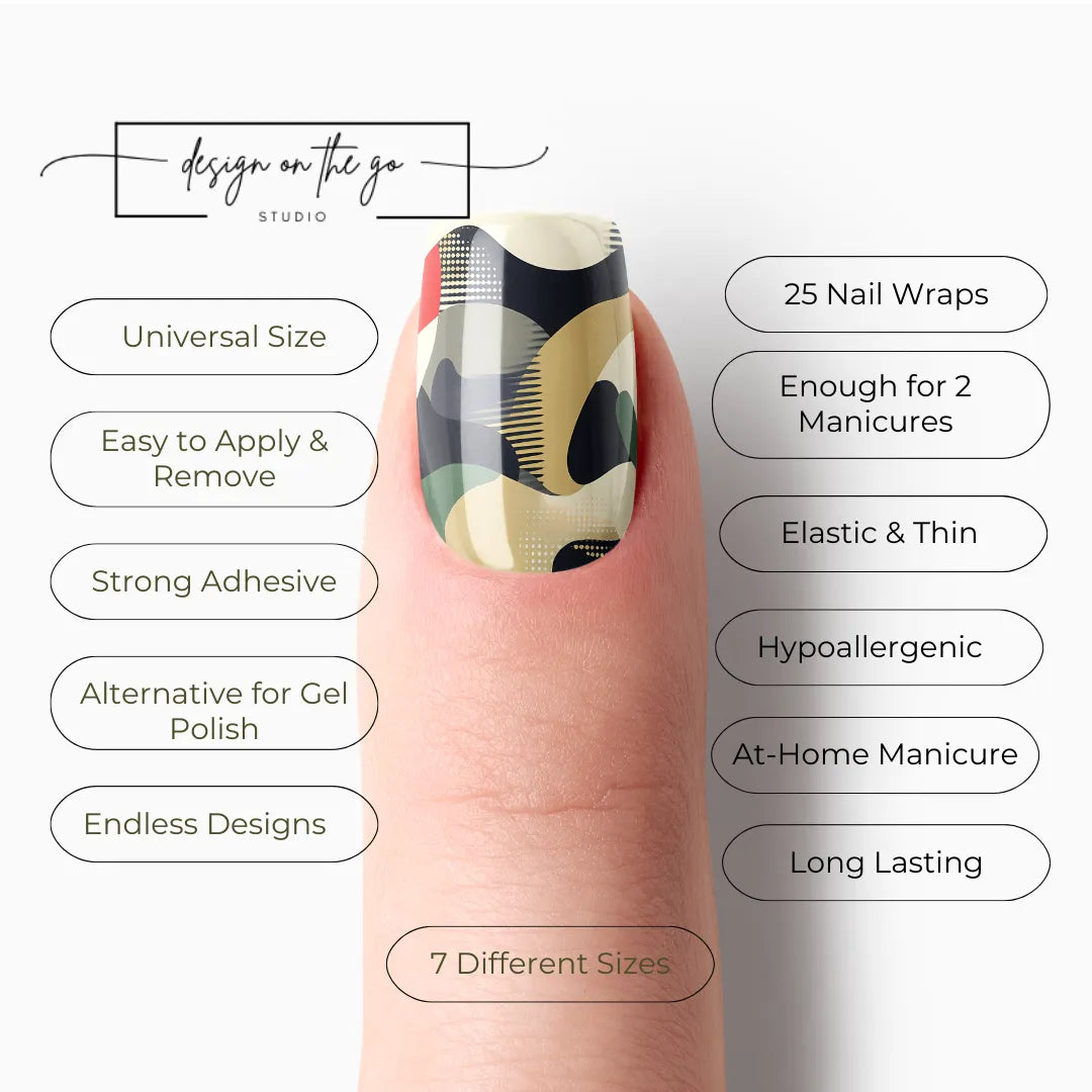 #type_manicure list of features of a nail wrap product showing on manicured single finger with nail wraps applied
