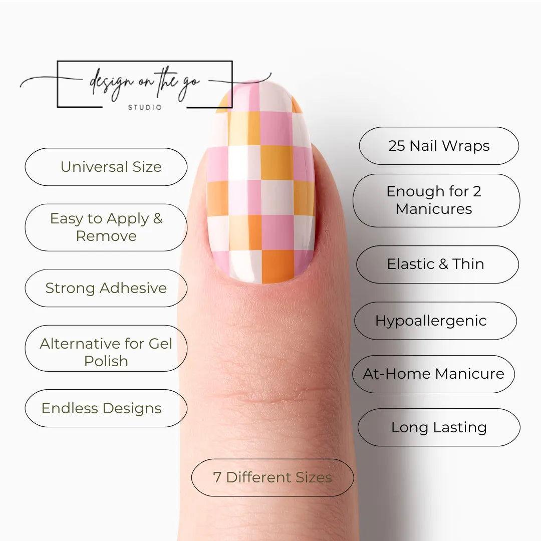 #type_manicure list of features of a nail wrap product showing on manicured single finger with nail wraps applied