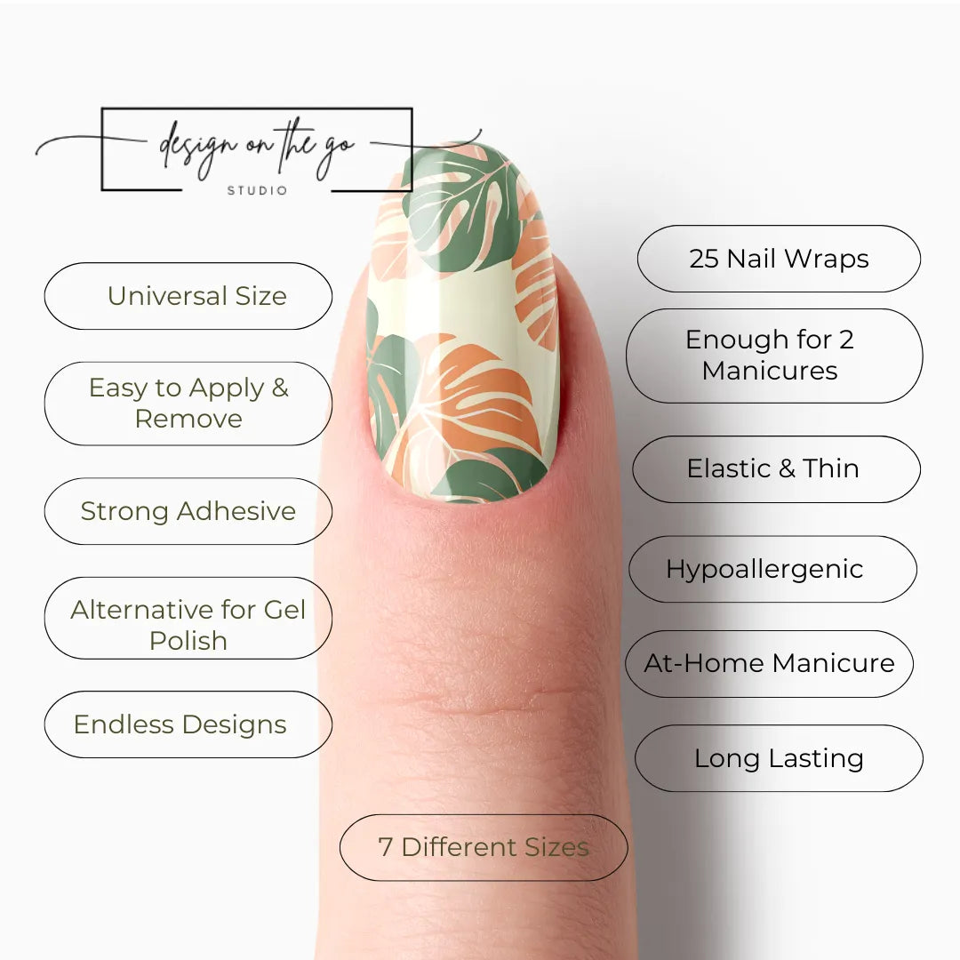 #type_manicure list of features of a nail wrap product showing on manicured single finger with nail wraps applied