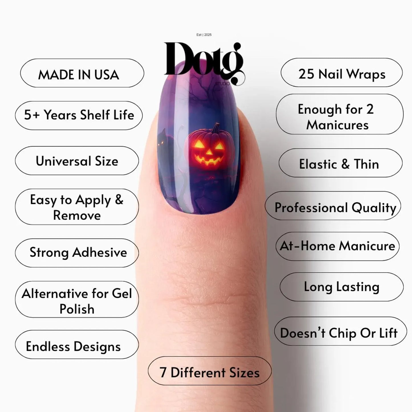 #type_manicure Nail wrap with Halloween design on a finger showing product features.