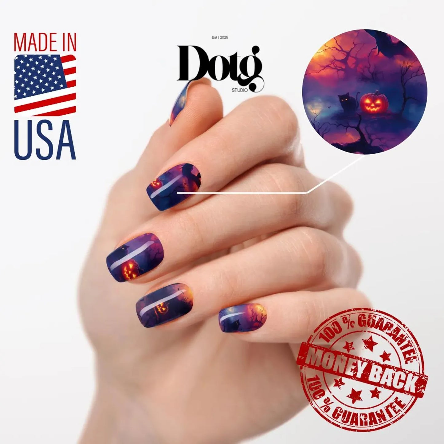 #type_manicure Hand with Halloween-themed nail art and 'Made in USA' label.