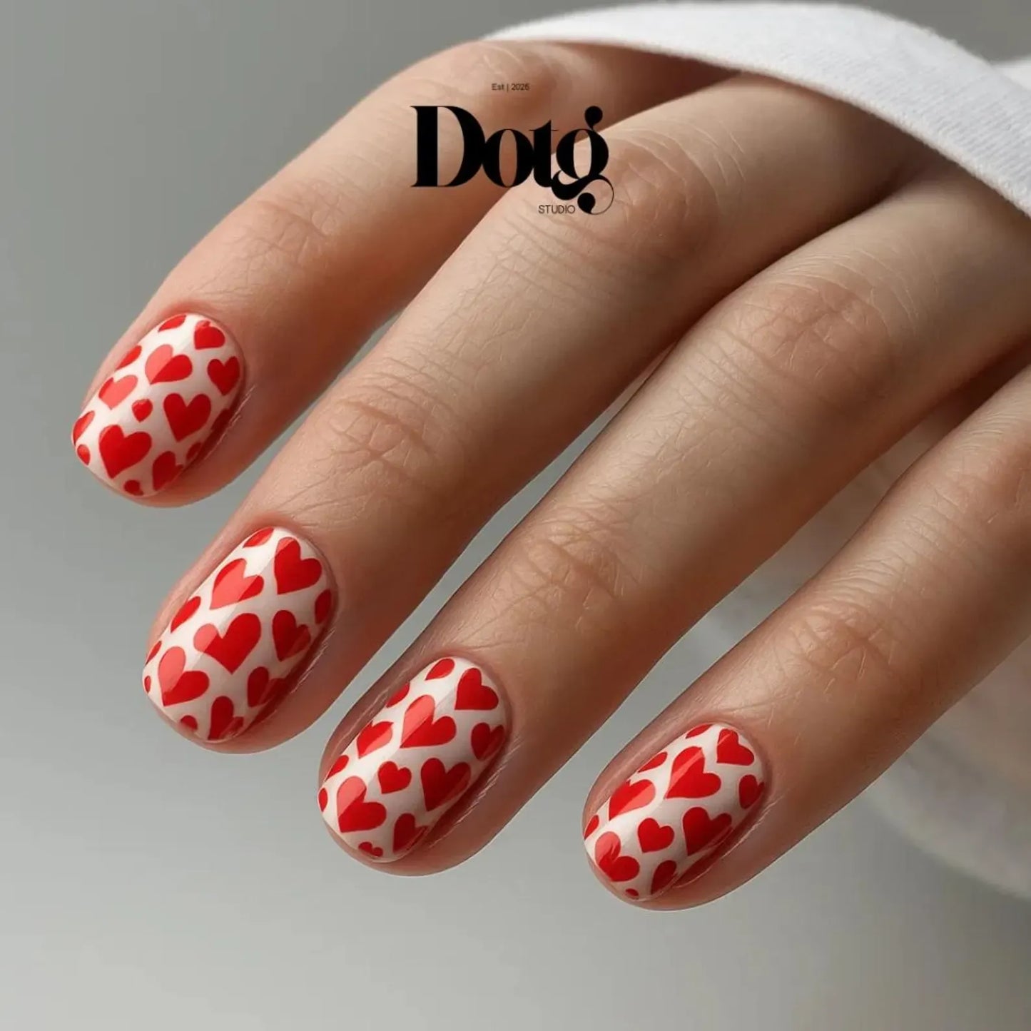 Hand with red heart patterned nails on a neutral background, featuring the Dotg Studio brand.