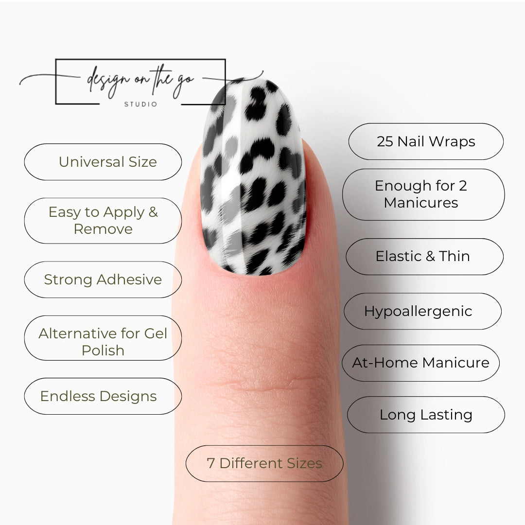 #type_manicure list of features of a nail wrap product showing on manicured single finger with nail wraps applied