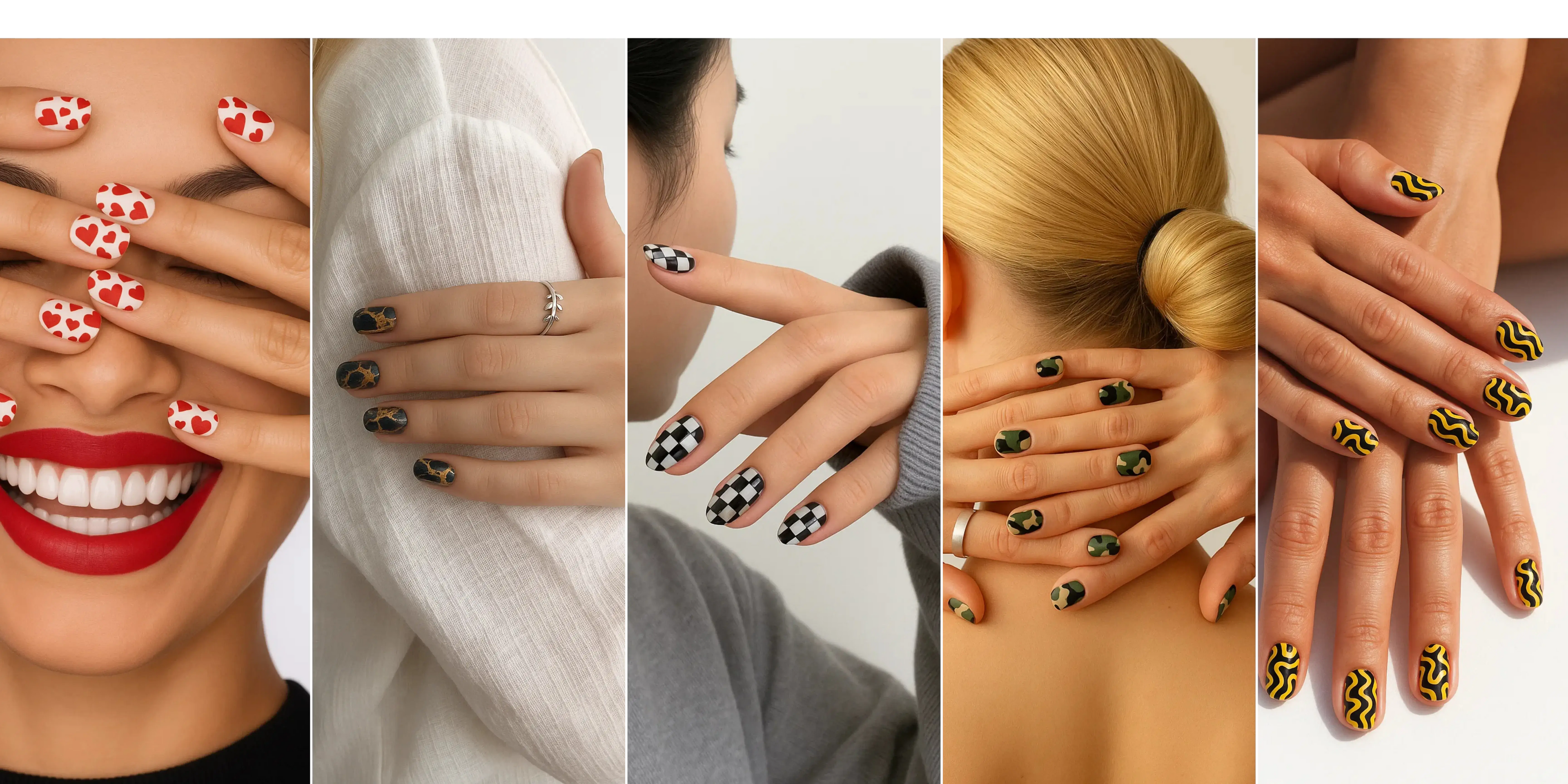 Collage of hands with various nail designs in different settings.
