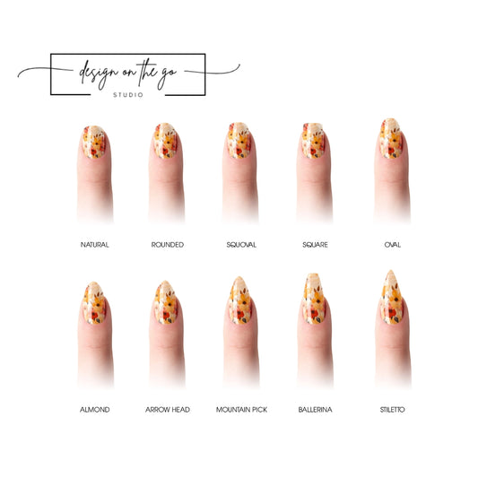#type_manicure different shapes of manicured nails with nail wraps applied