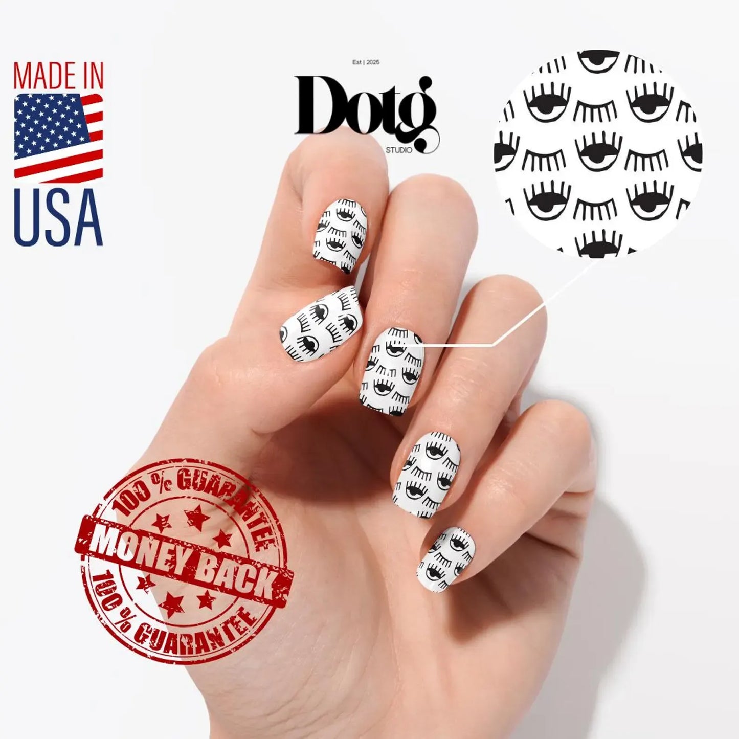 Hand with black and white nail art, Dotg Studio branding, Made in USA label, and money-back guarantee stamp.